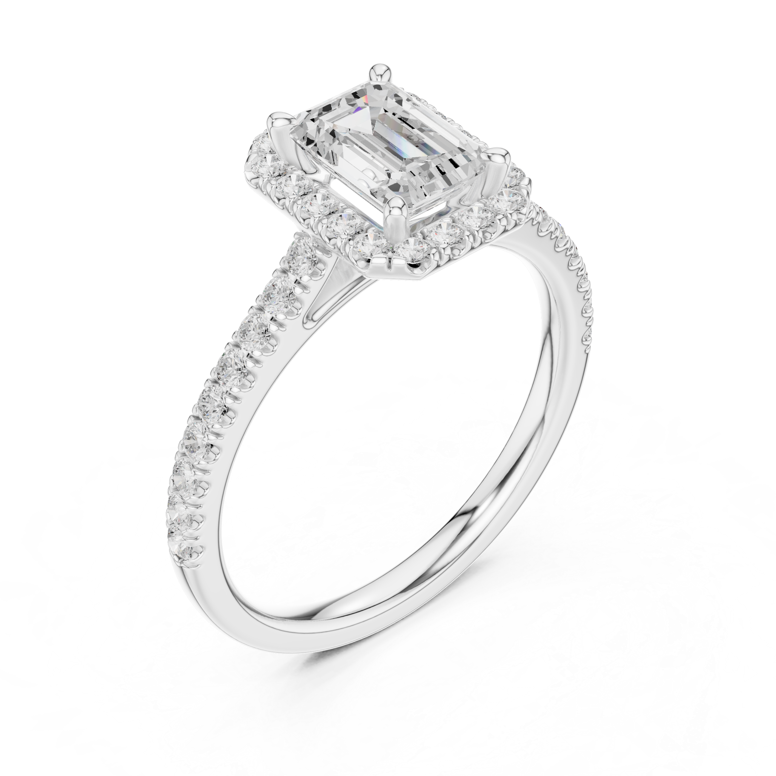 Emerald Cut Diamond Halo Engagement Ring with Pavé Band