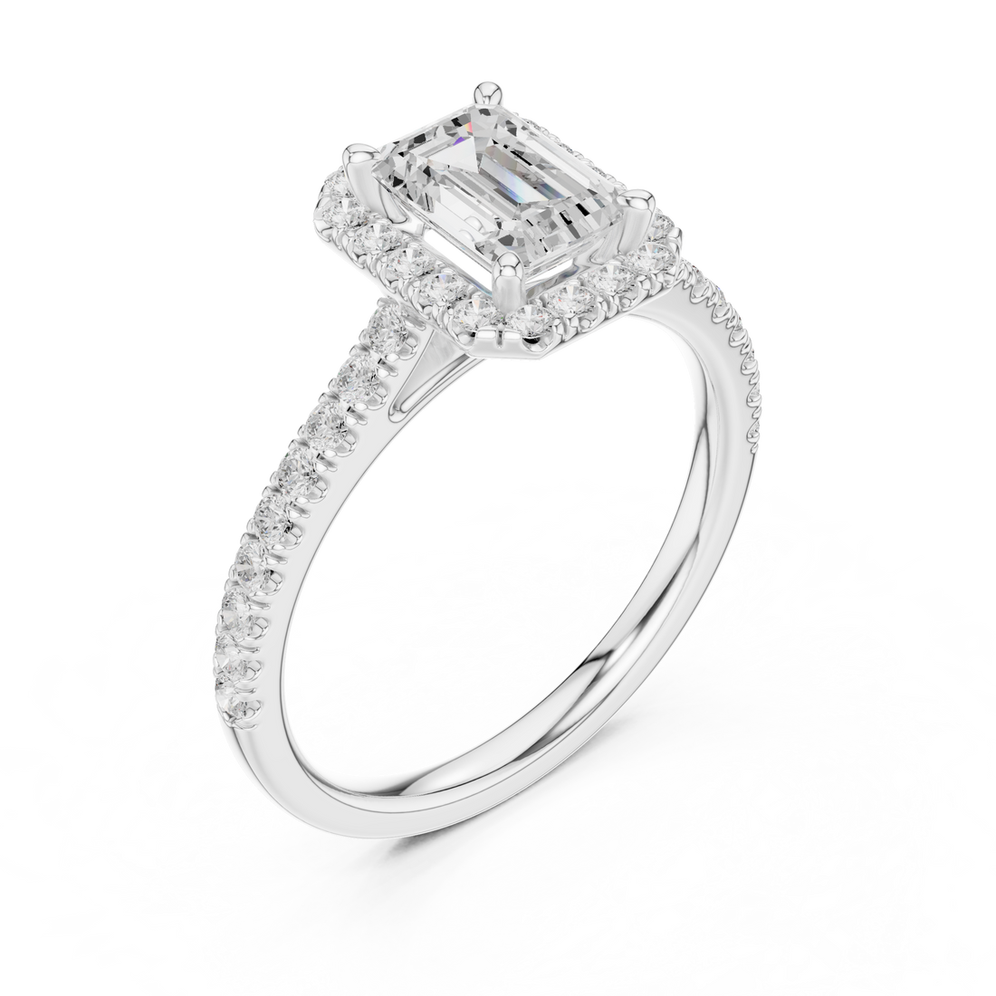 Emerald Cut Diamond Halo Engagement Ring with Pavé Band
