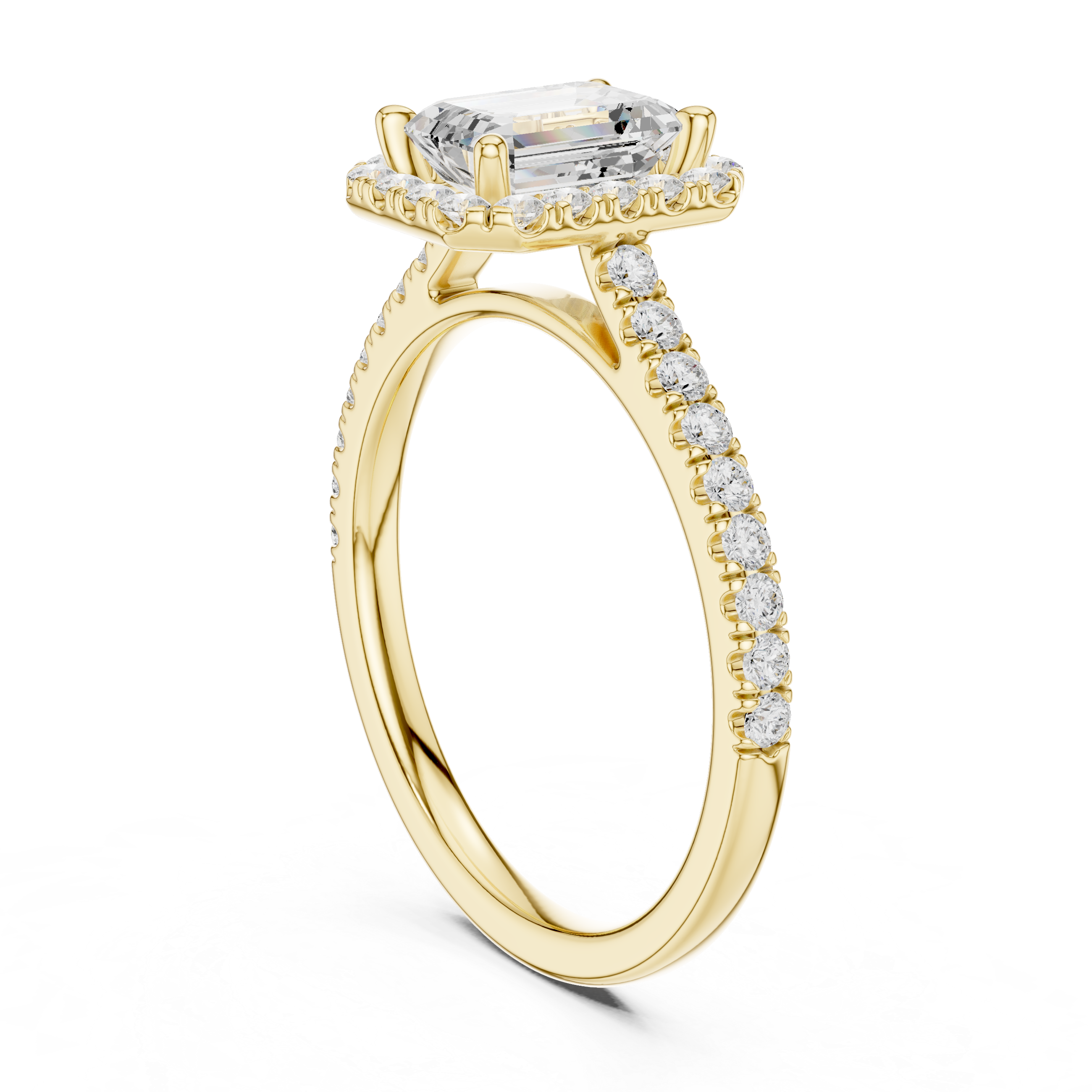 Emerald Cut Diamond Halo Engagement Ring with Pavé Band