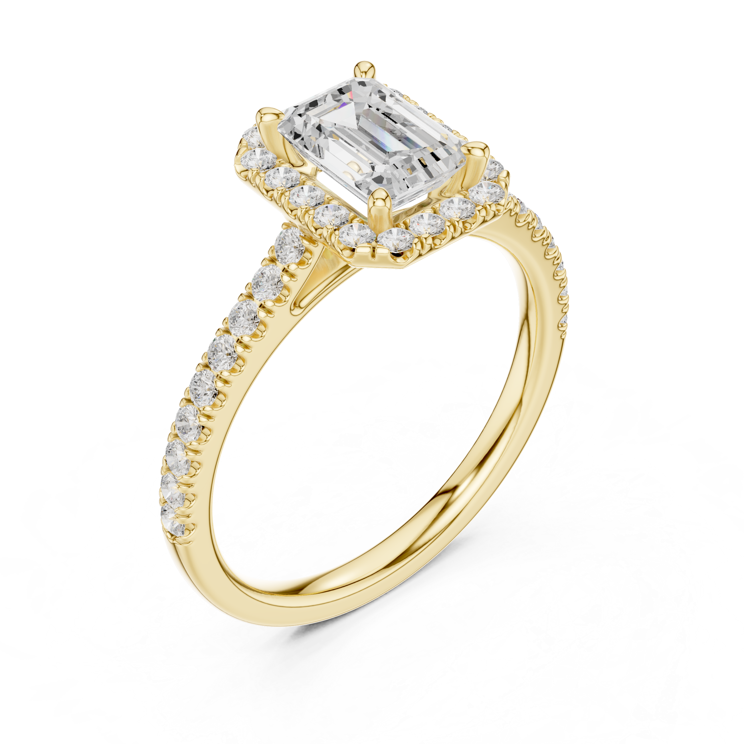 Emerald Cut Diamond Halo Engagement Ring with Pavé Band