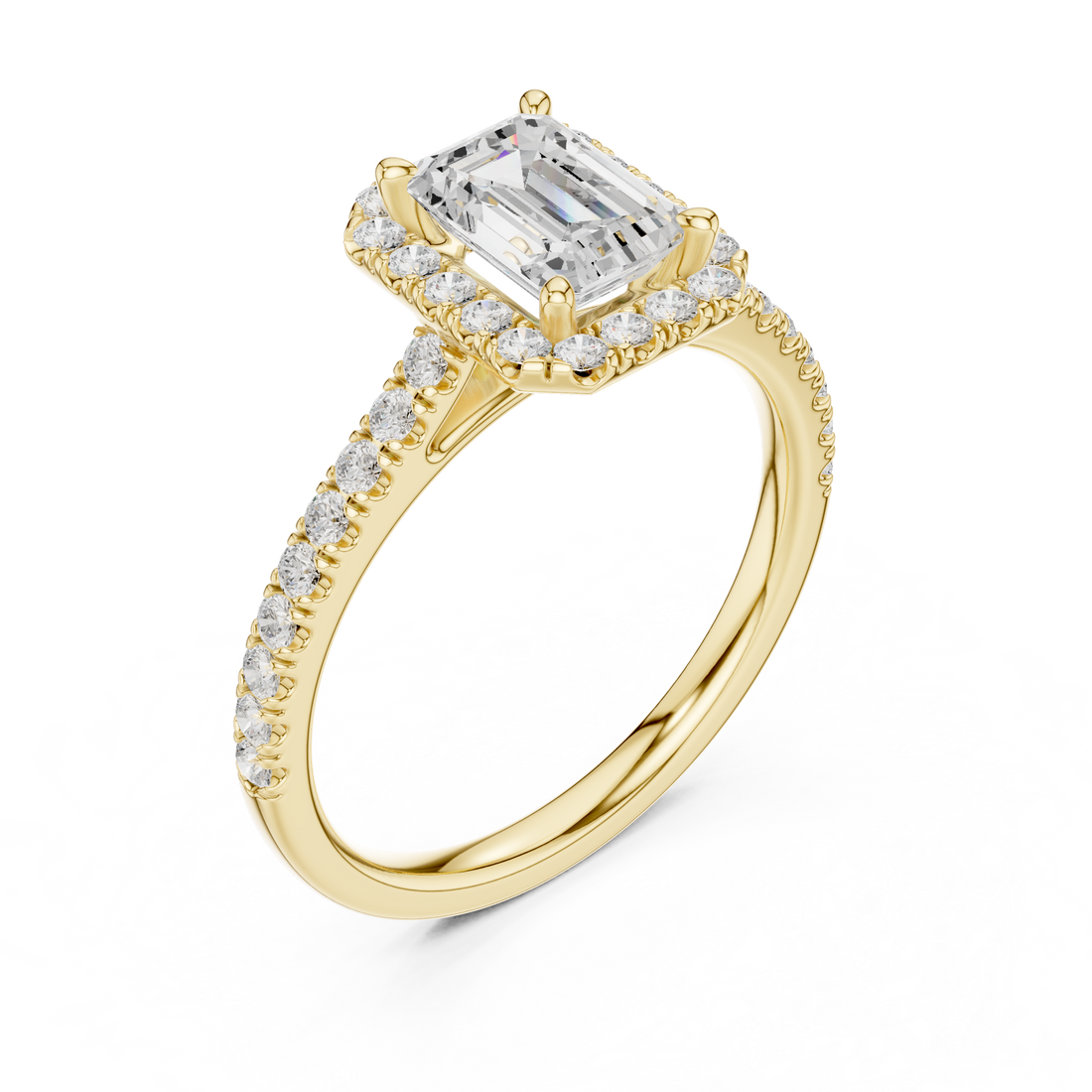 Emerald Cut Diamond Halo Engagement Ring with Pavé Band