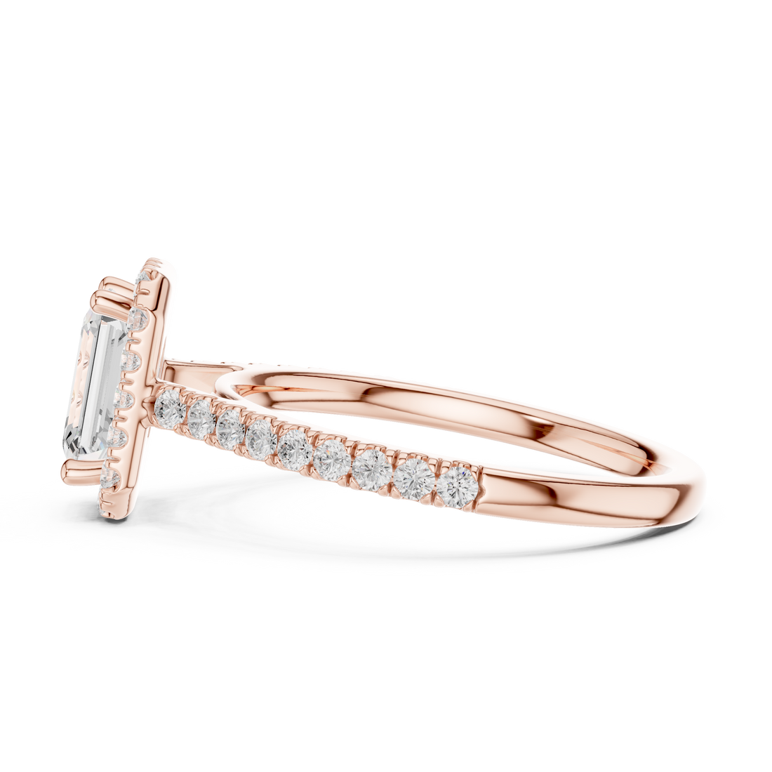 Emerald Cut Diamond Halo Engagement Ring with Pavé Band