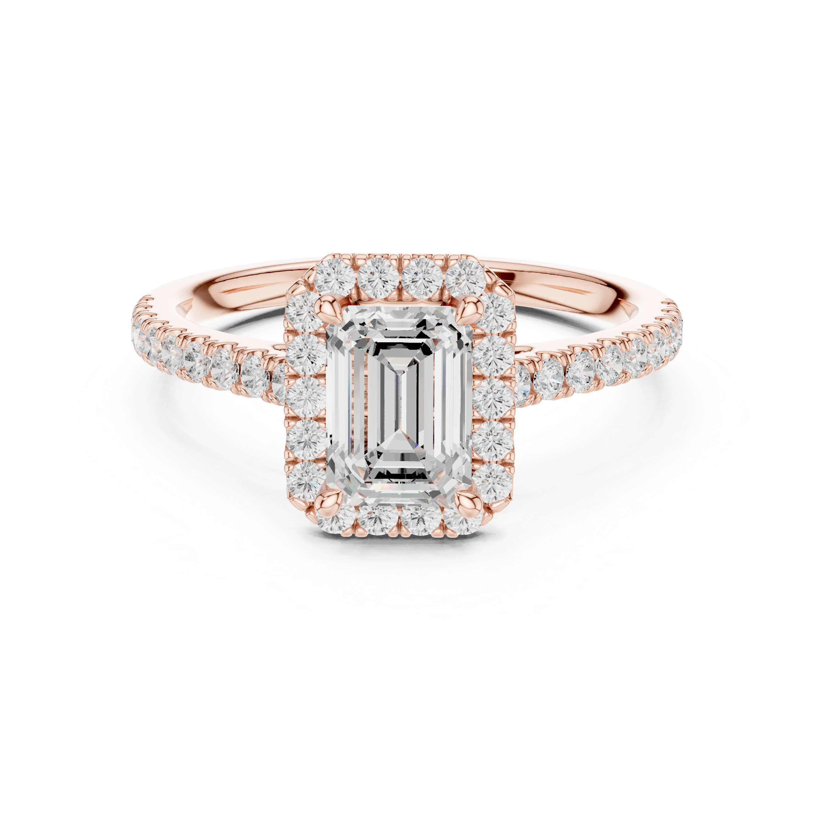 Emerald Cut Diamond Halo Engagement Ring with Pavé Band