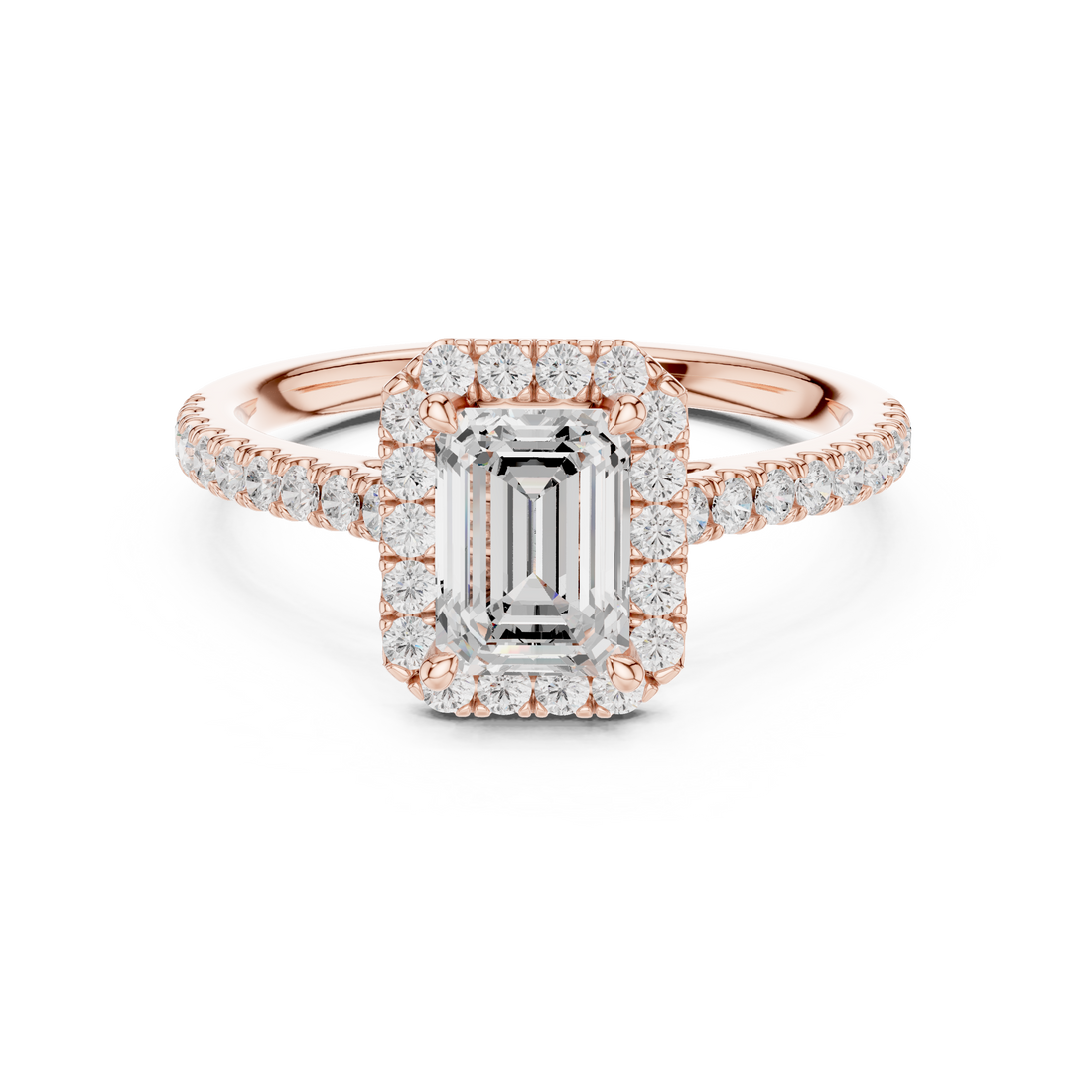 Emerald Cut Diamond Halo Engagement Ring with Pavé Band