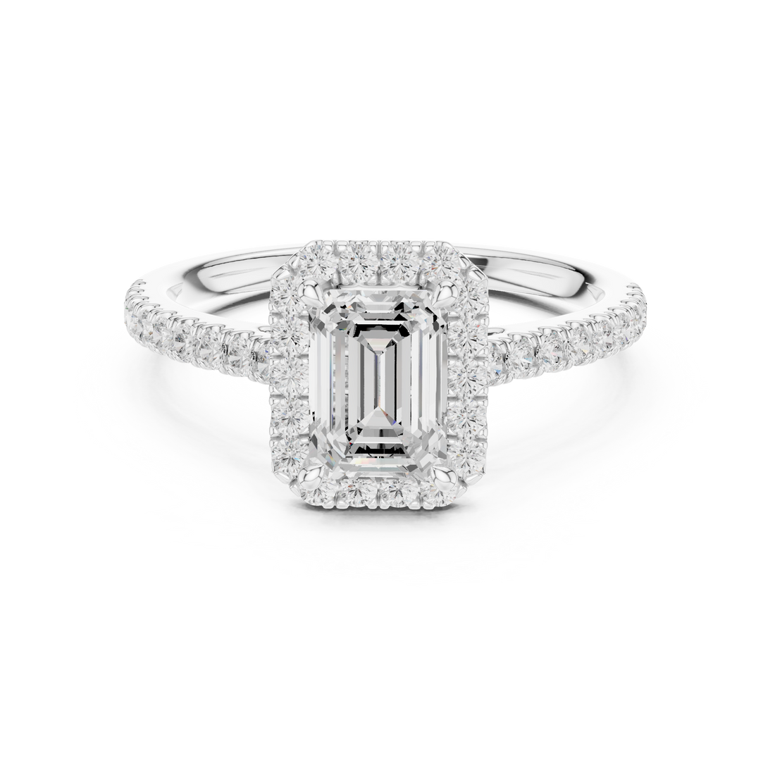 Emerald Cut Diamond Halo Engagement Ring with Pavé Band