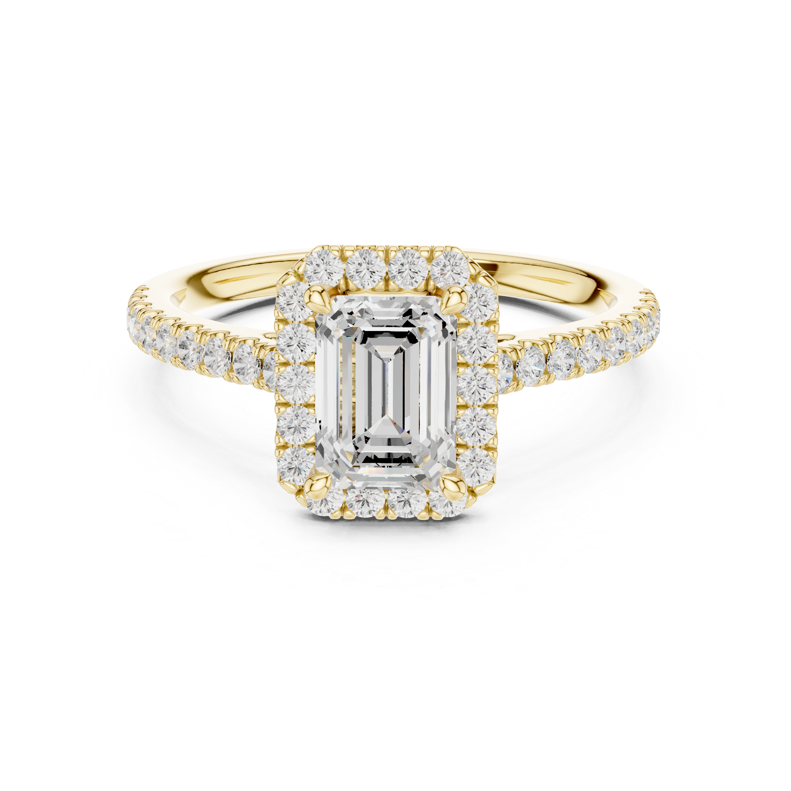Emerald Cut Diamond Halo Engagement Ring with Pavé Band