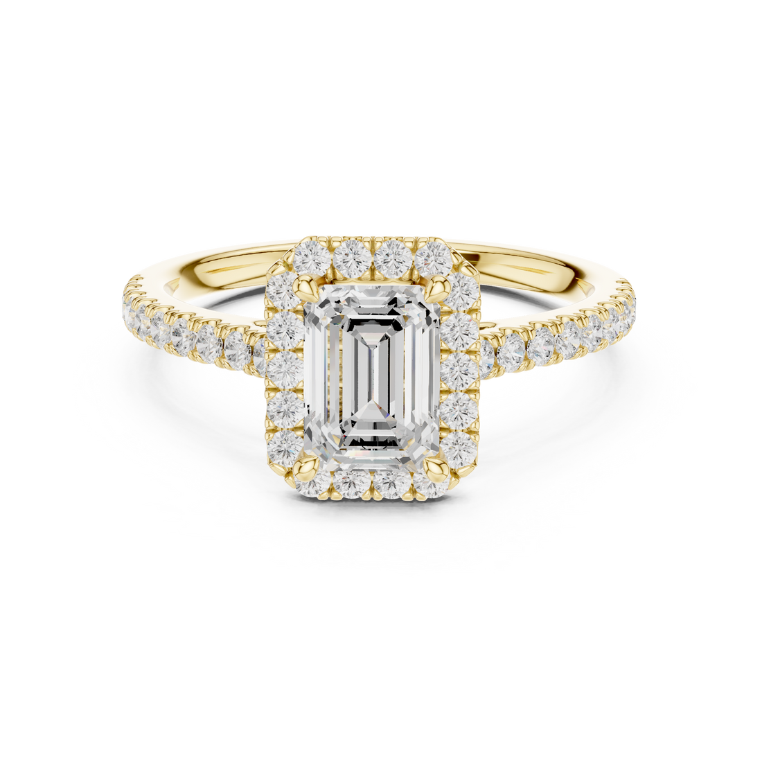 Emerald Cut Diamond Halo Engagement Ring with Pavé Band