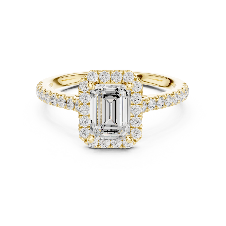 Emerald Cut Diamond Halo Engagement Ring with Pavé Band