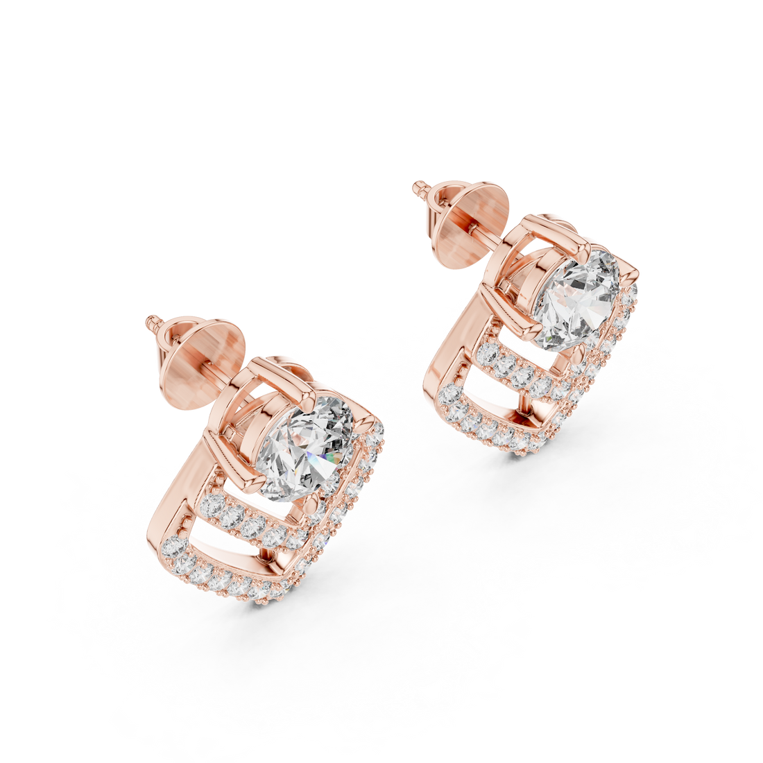 Round Cut Diamond Stud Earrings with Geometric Double Halo Drop Jacket