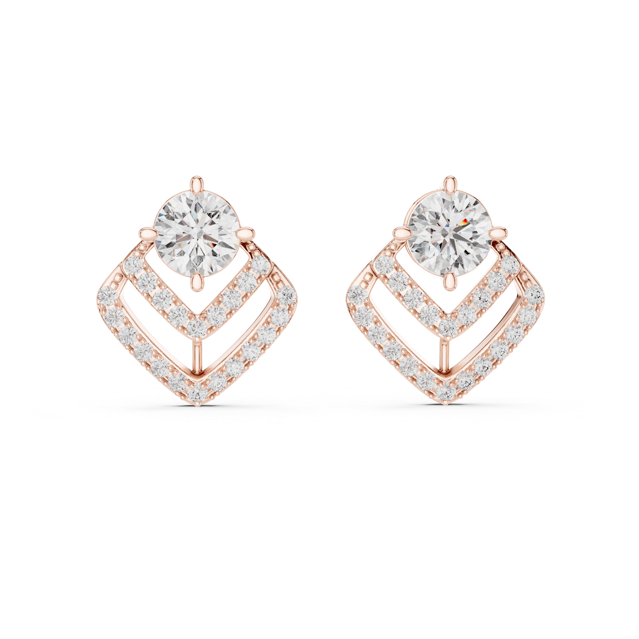 Round Cut Diamond Stud Earrings with Geometric Double Halo Drop Jacket