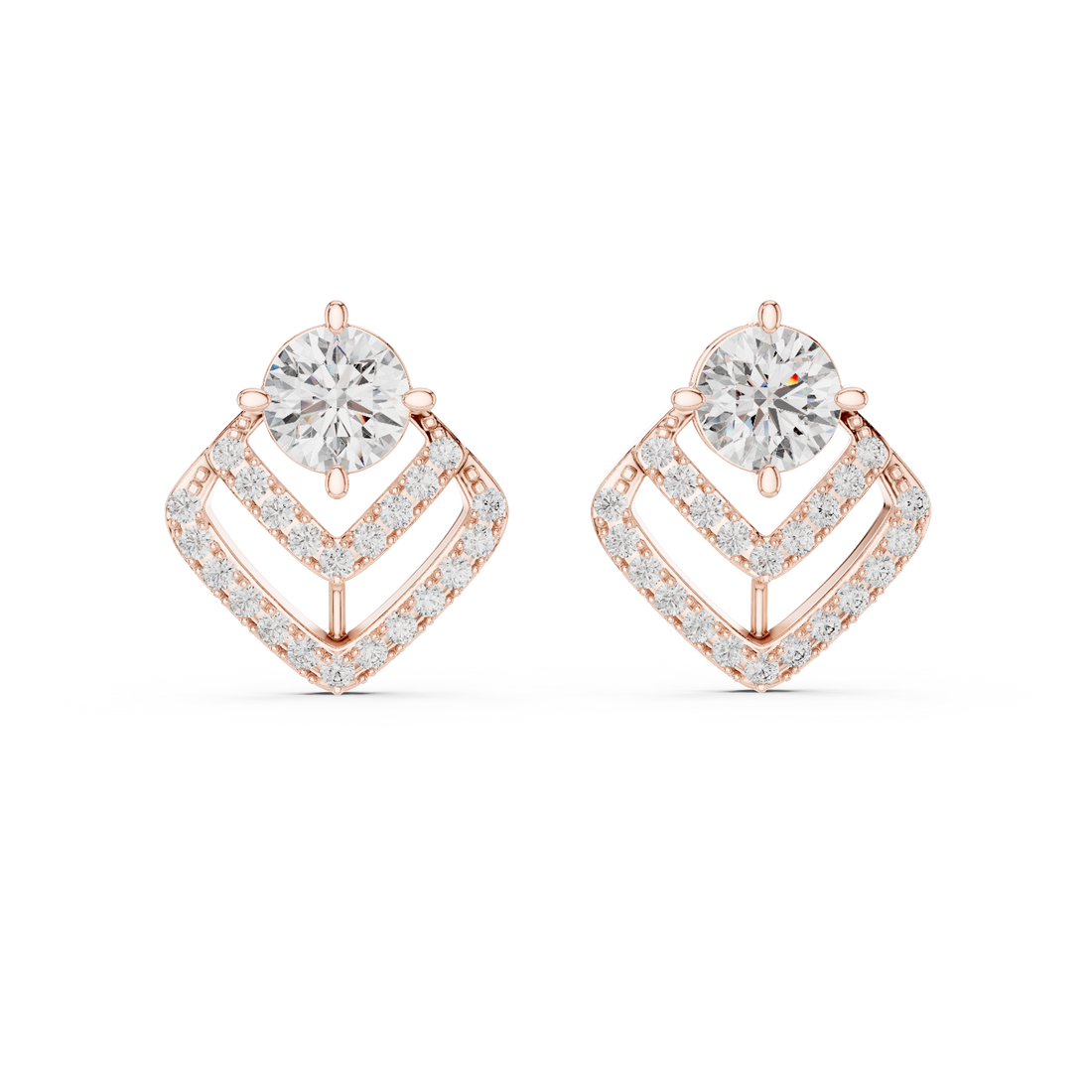 Round Cut Diamond Stud Earrings with Geometric Double Halo Drop Jacket