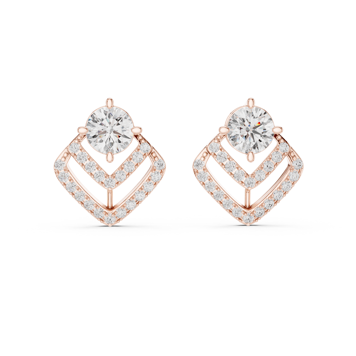 Round Cut Diamond Stud Earrings with Geometric Double Halo Drop Jacket