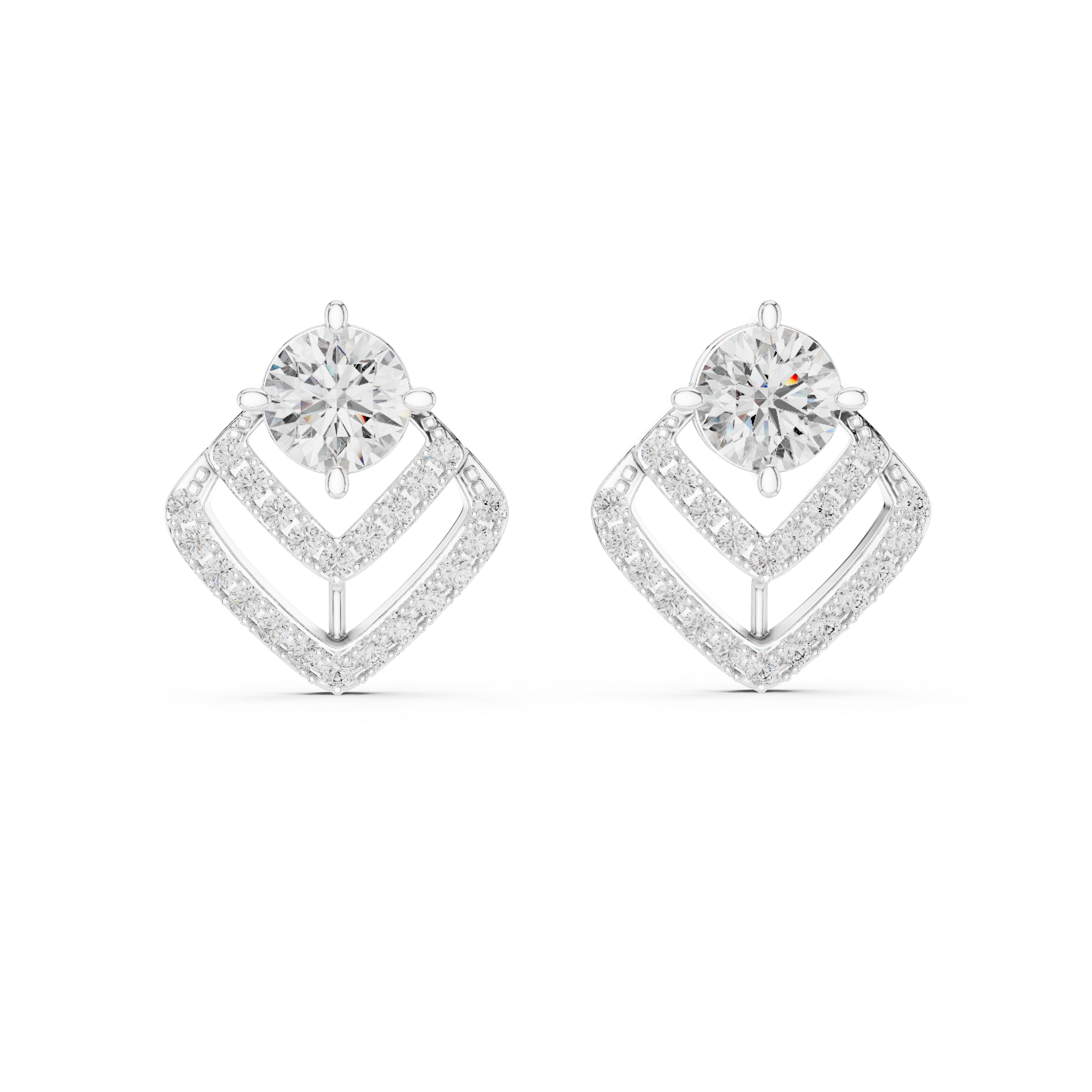 Round Cut Diamond Stud Earrings with Geometric Double Halo Drop Jacket