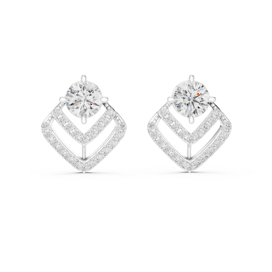 Round Cut Diamond Stud Earrings with Geometric Double Halo Drop Jacket