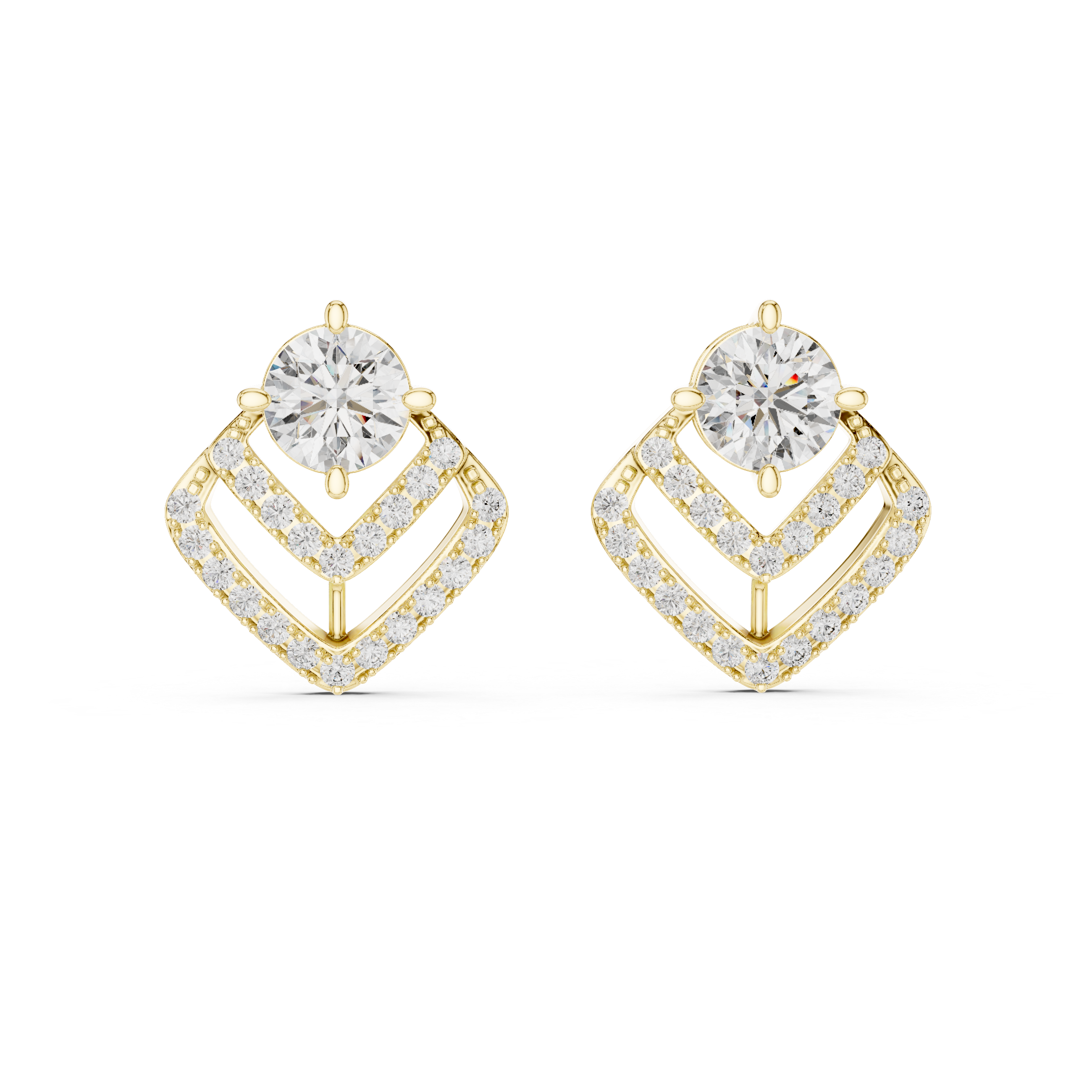 Round Cut Diamond Stud Earrings with Geometric Double Halo Drop Jacket