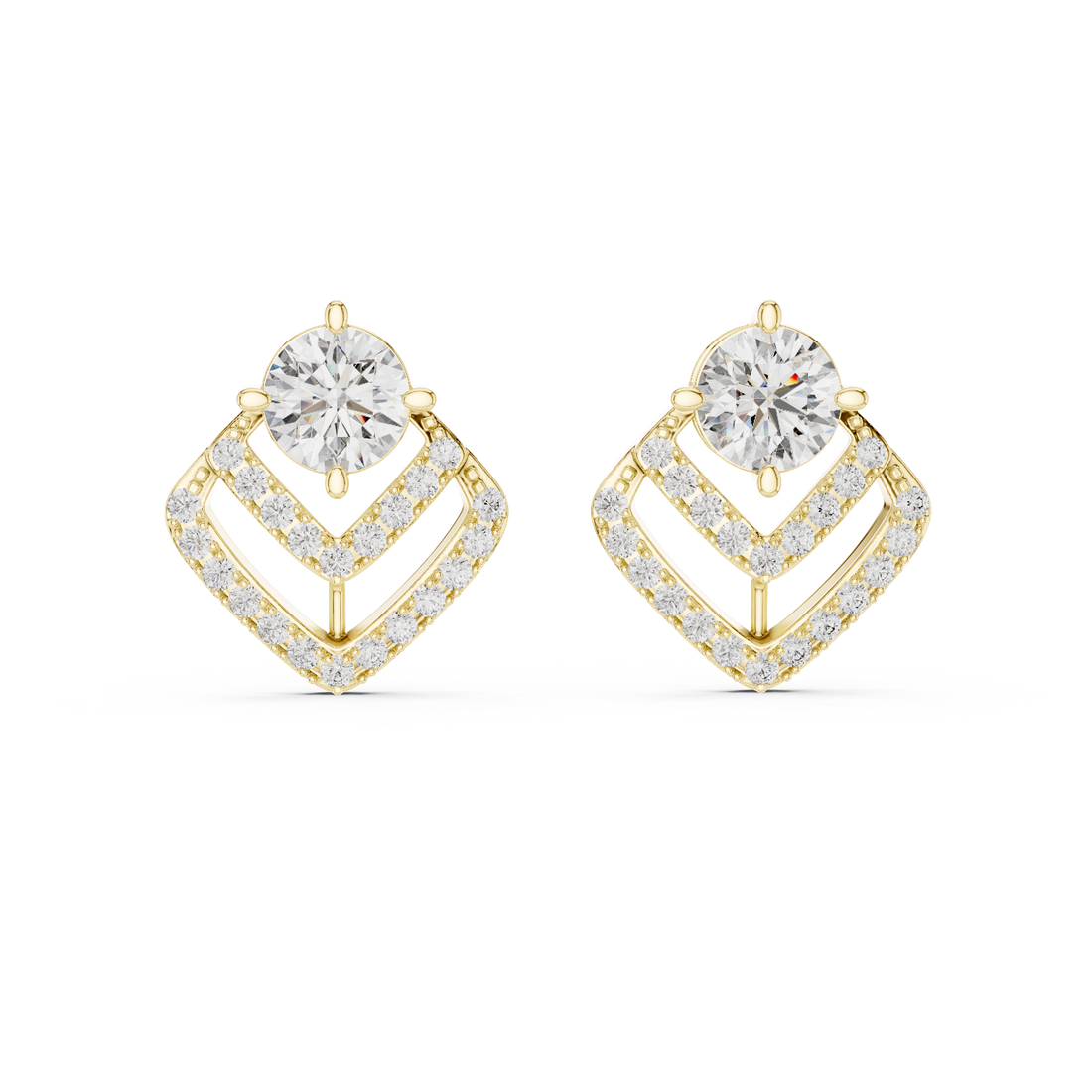 Round Cut Diamond Stud Earrings with Geometric Double Halo Drop Jacket