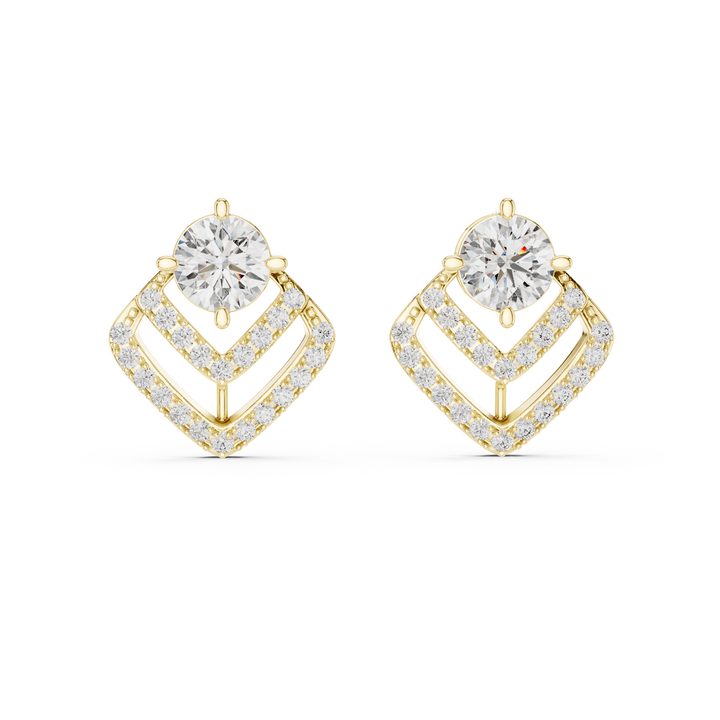 Round Cut Diamond Stud Earrings with Geometric Double Halo Drop Jacket