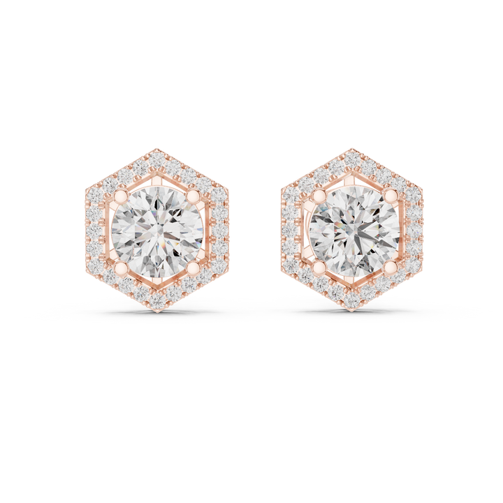 Round Cut Diamond Hexagon Halo Stud Earrings