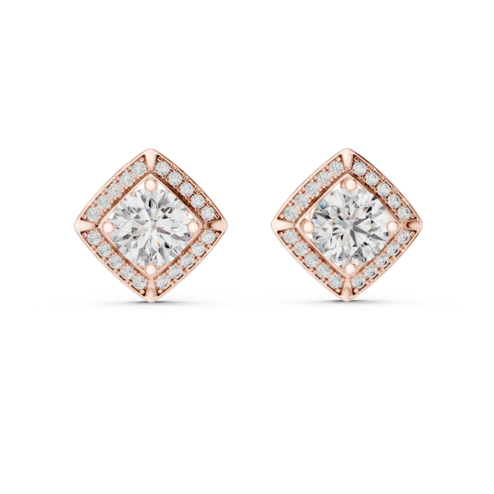 Round Cut Diamond Square Halo Stud Earrings