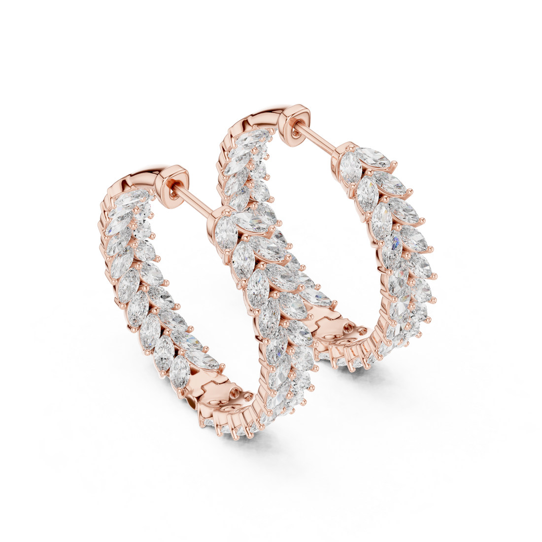 Marquise Cut Diamond Chevron Hoop Earrings in Graduated Leaf Silhouette
