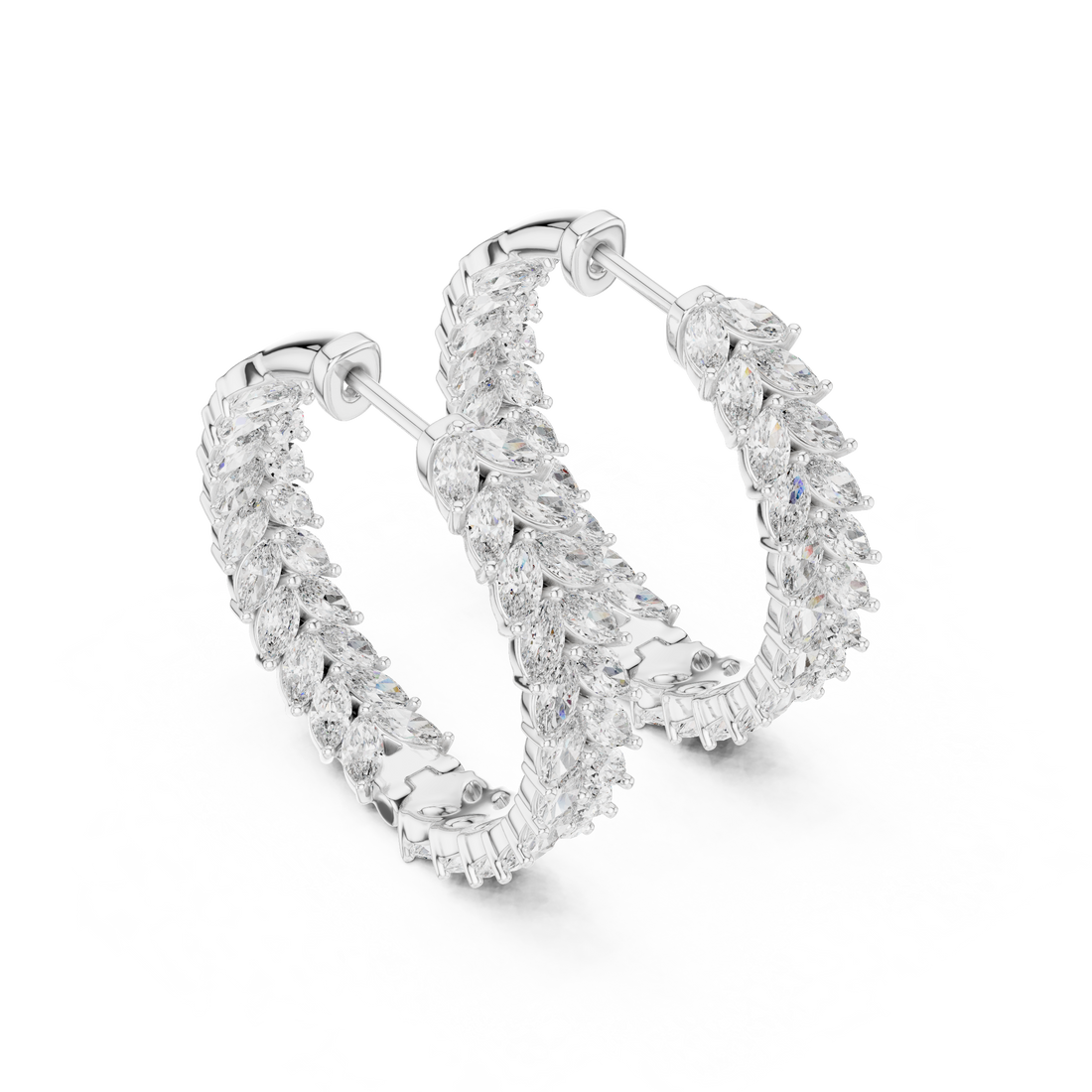 Marquise Cut Diamond Chevron Hoop Earrings in Graduated Leaf Silhouette