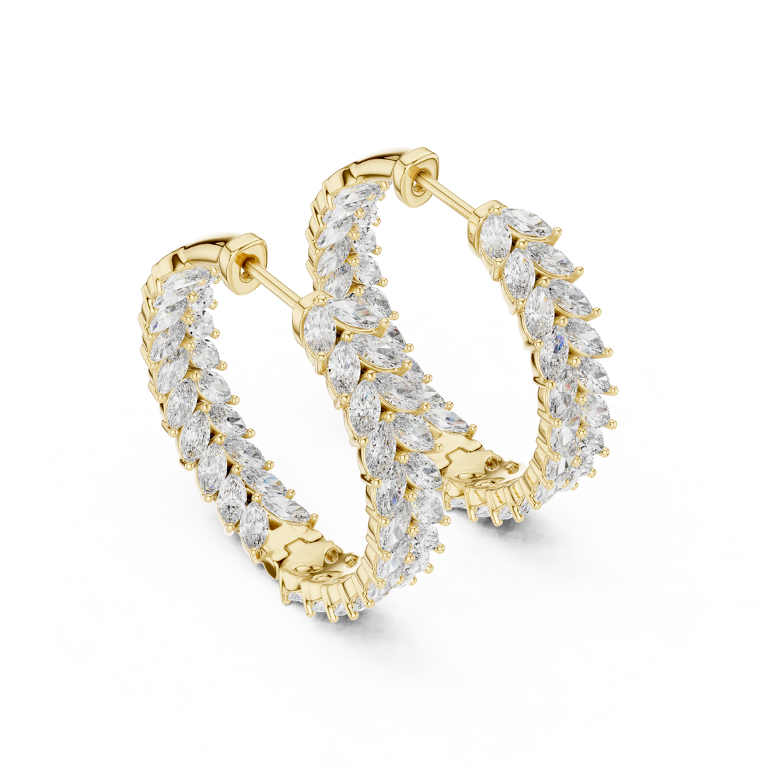Marquise Cut Diamond Chevron Hoop Earrings in Graduated Leaf Silhouette