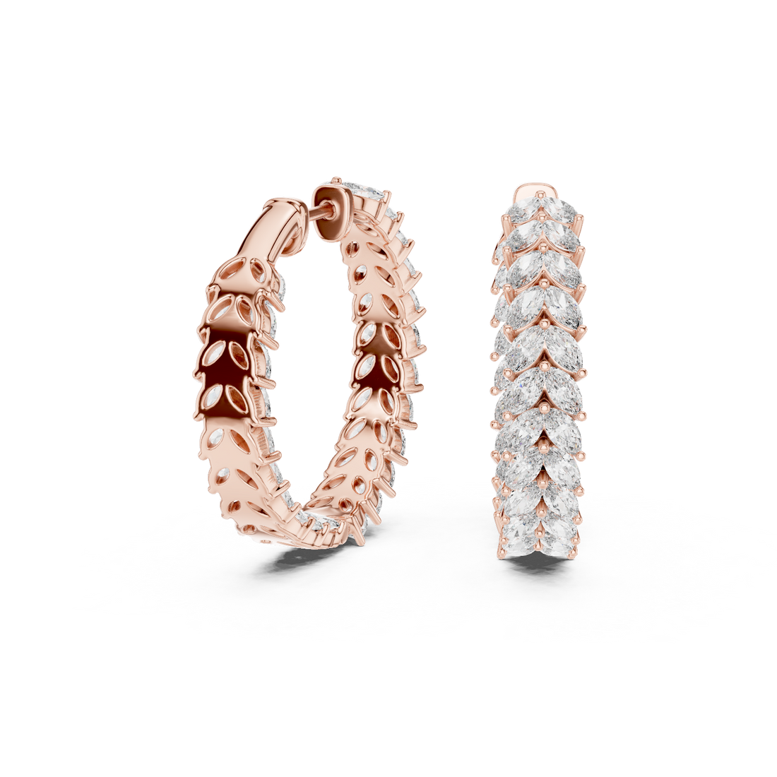 Marquise Cut Diamond Chevron Hoop Earrings in Graduated Leaf Silhouette