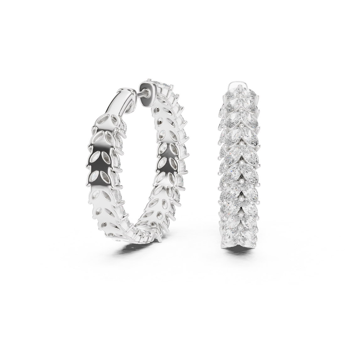 Marquise Cut Diamond Chevron Hoop Earrings in Graduated Leaf Silhouette
