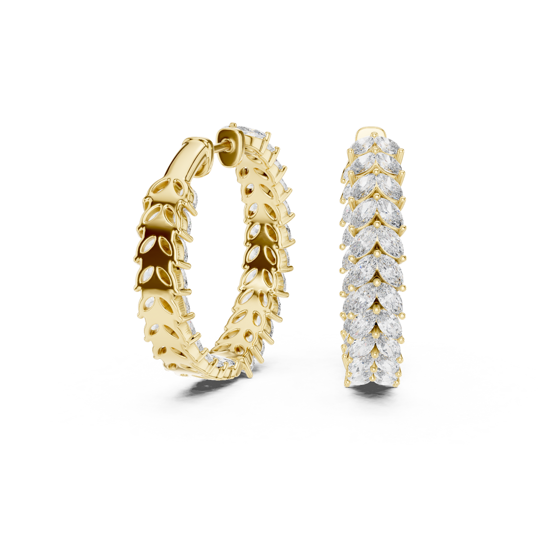 Marquise Cut Diamond Chevron Hoop Earrings in Graduated Leaf Silhouette