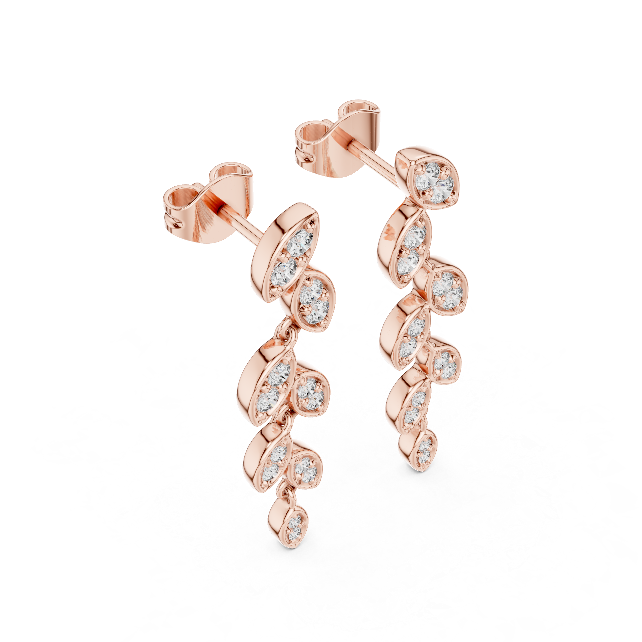 Round Cut Diamond Leaf Motif Cascading Drop Earrings with Pavé Setting