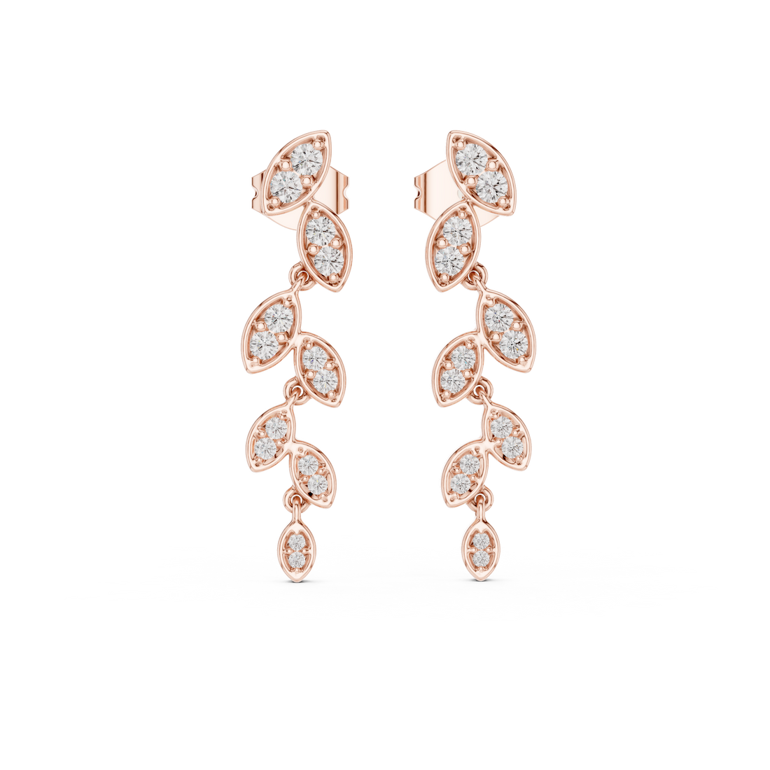 Round Cut Diamond Leaf Motif Cascading Drop Earrings with Pavé Setting