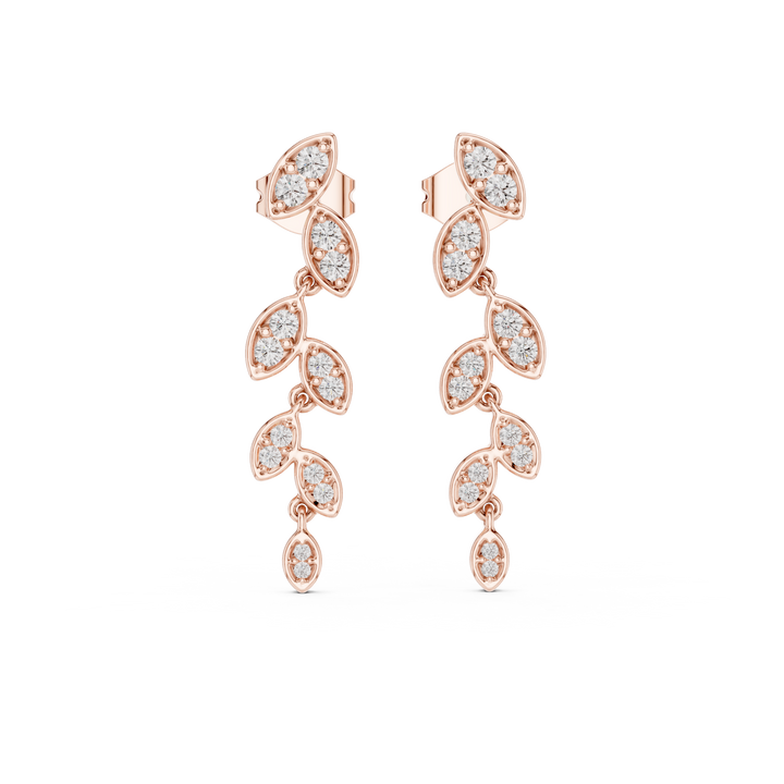 Round Cut Diamond Leaf Motif Cascading Drop Earrings with Pavé Setting