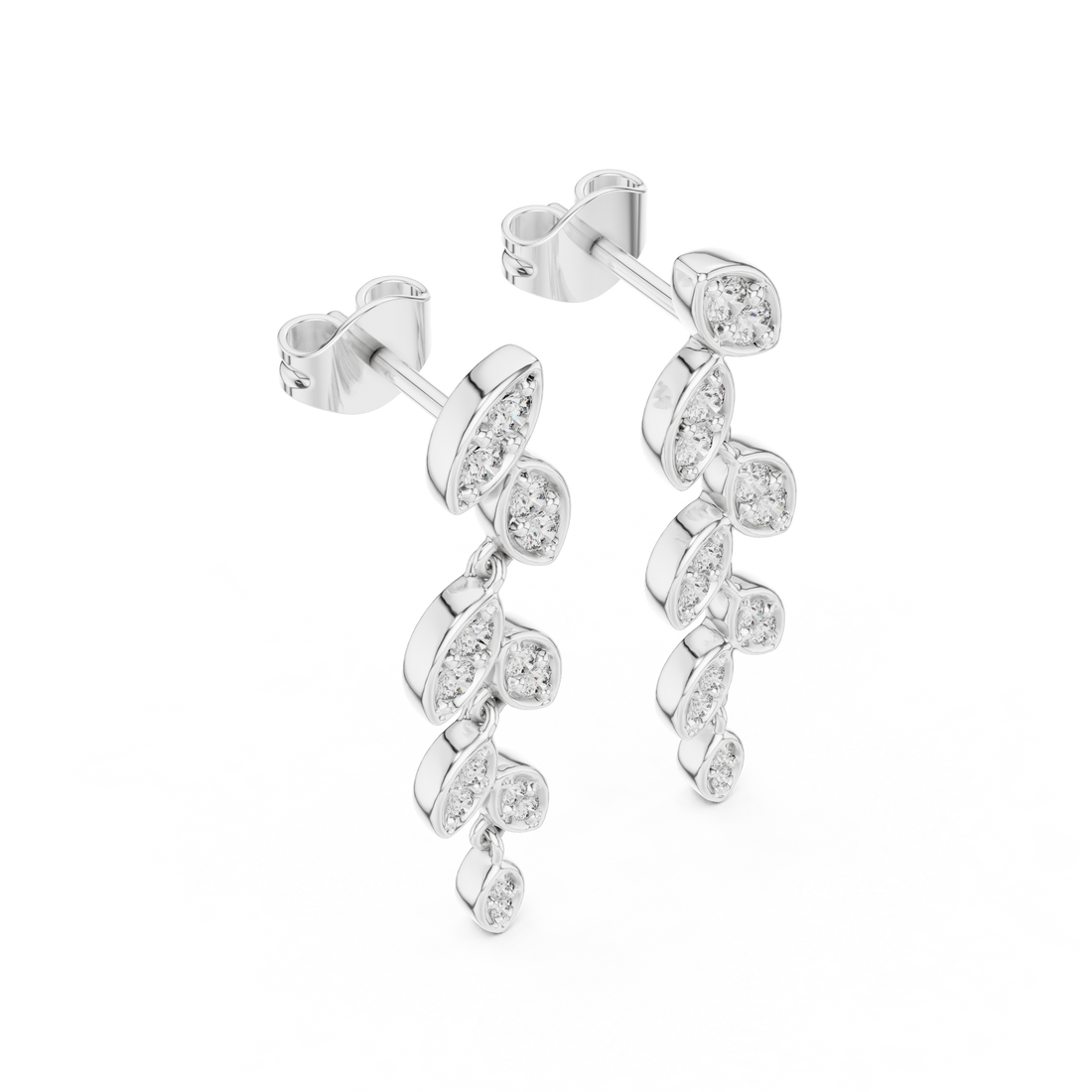 Round Cut Diamond Leaf Motif Cascading Drop Earrings with Pavé Setting