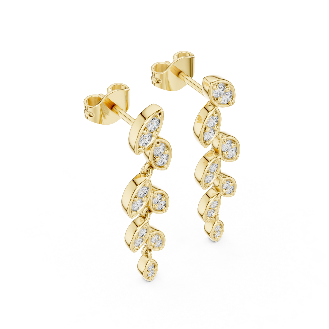 Round Cut Diamond Leaf Motif Cascading Drop Earrings with Pavé Setting