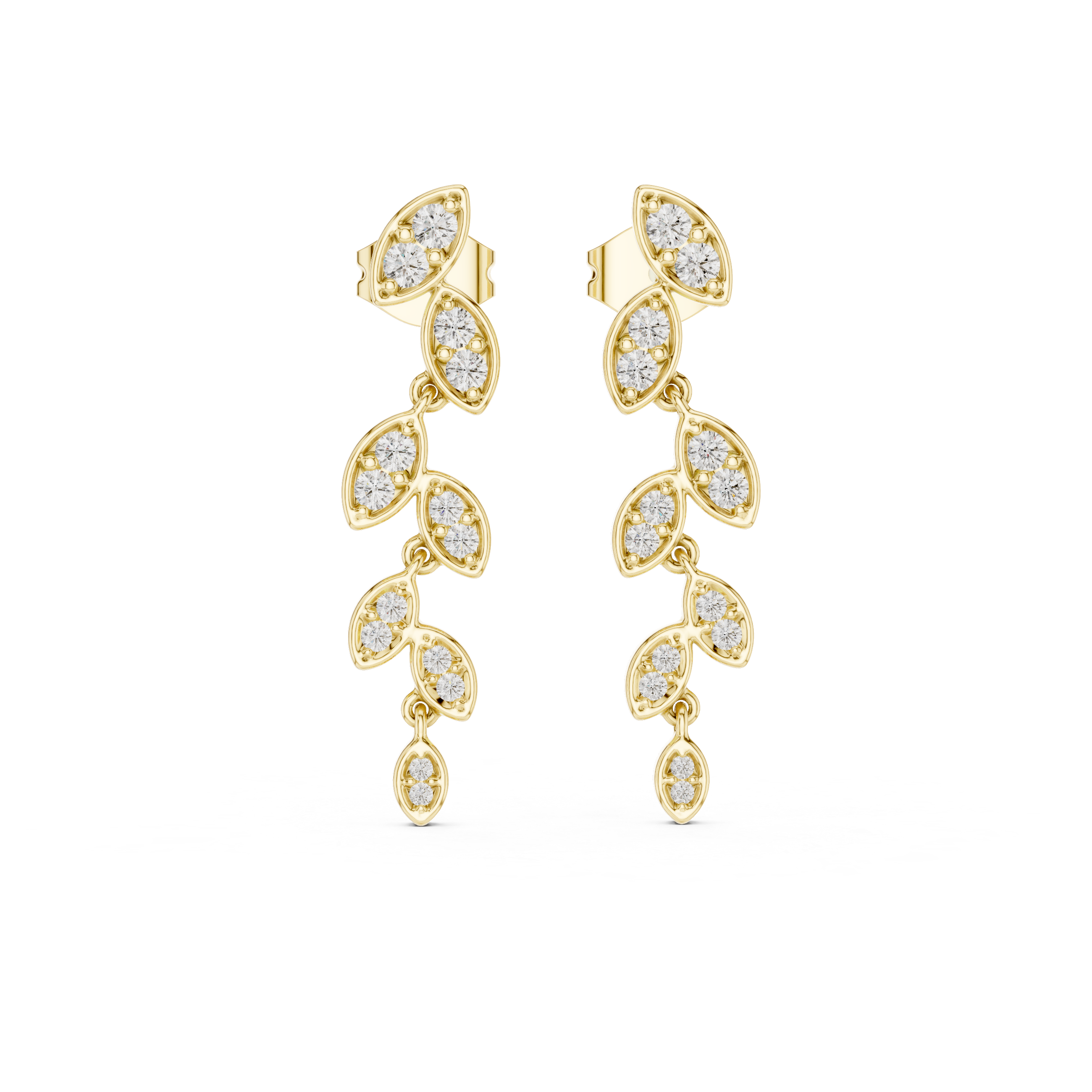Round Cut Diamond Leaf Motif Cascading Drop Earrings with Pavé Setting