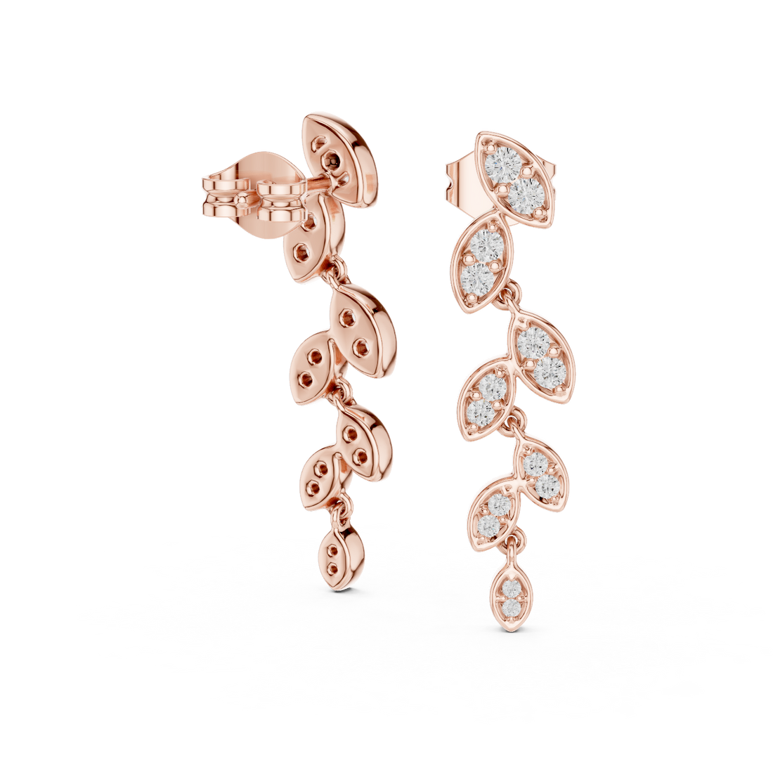 Round Cut Diamond Leaf Motif Cascading Drop Earrings with Pavé Setting