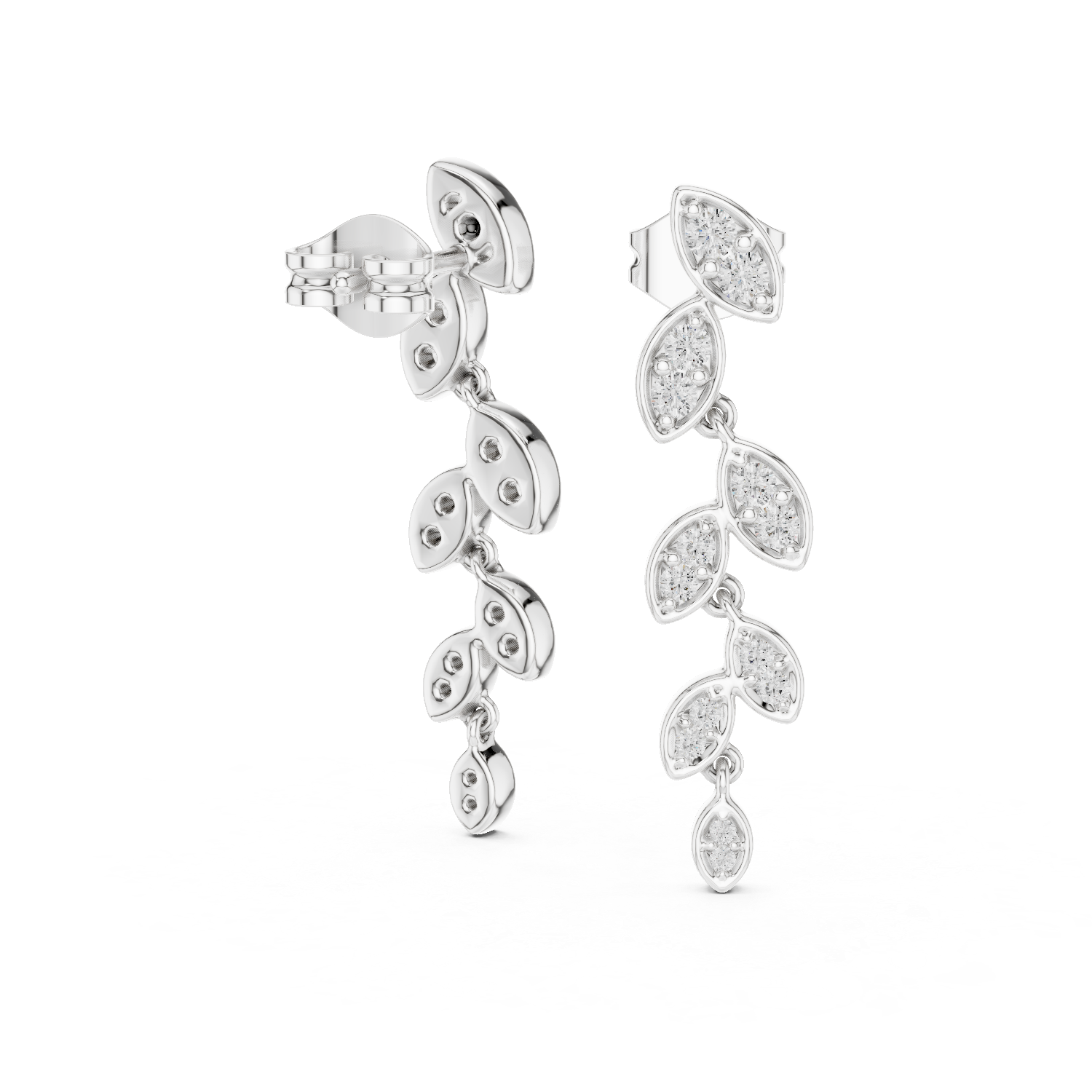 Round Cut Diamond Leaf Motif Cascading Drop Earrings with Pavé Setting