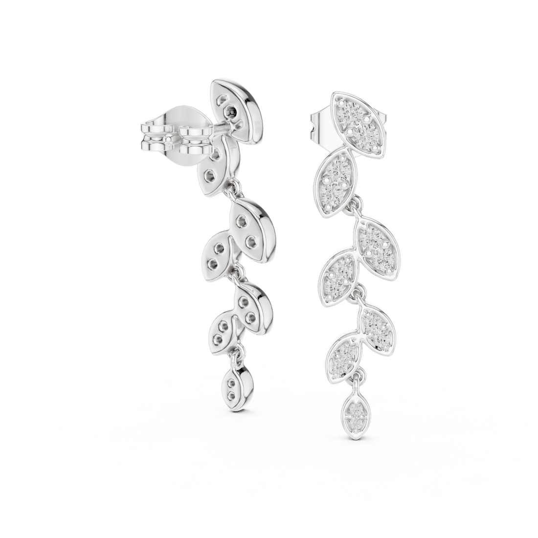 Round Cut Diamond Leaf Motif Cascading Drop Earrings with Pavé Setting