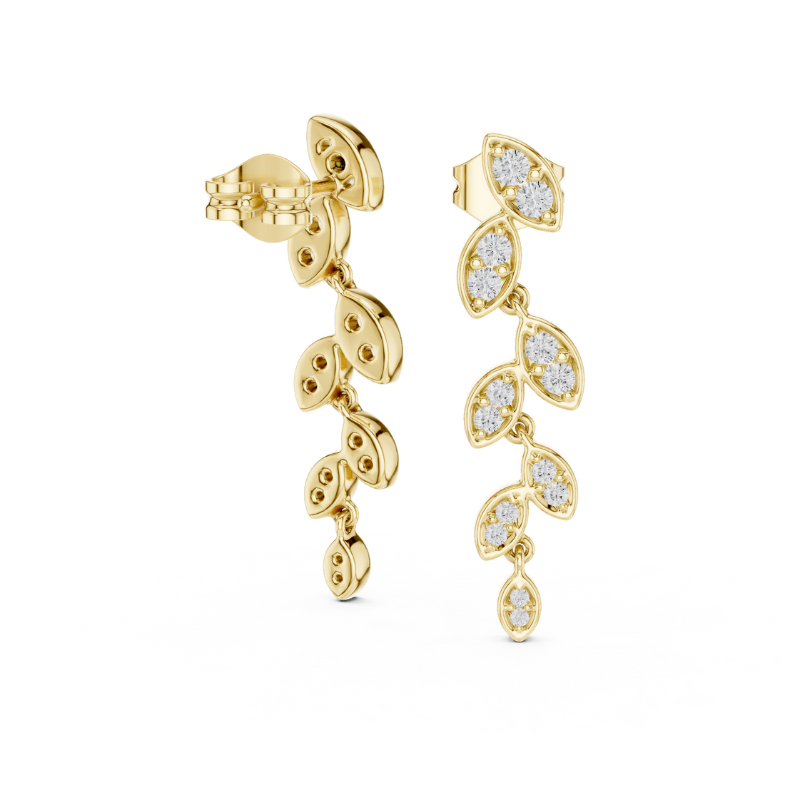 Round Cut Diamond Leaf Motif Cascading Drop Earrings with Pavé Setting