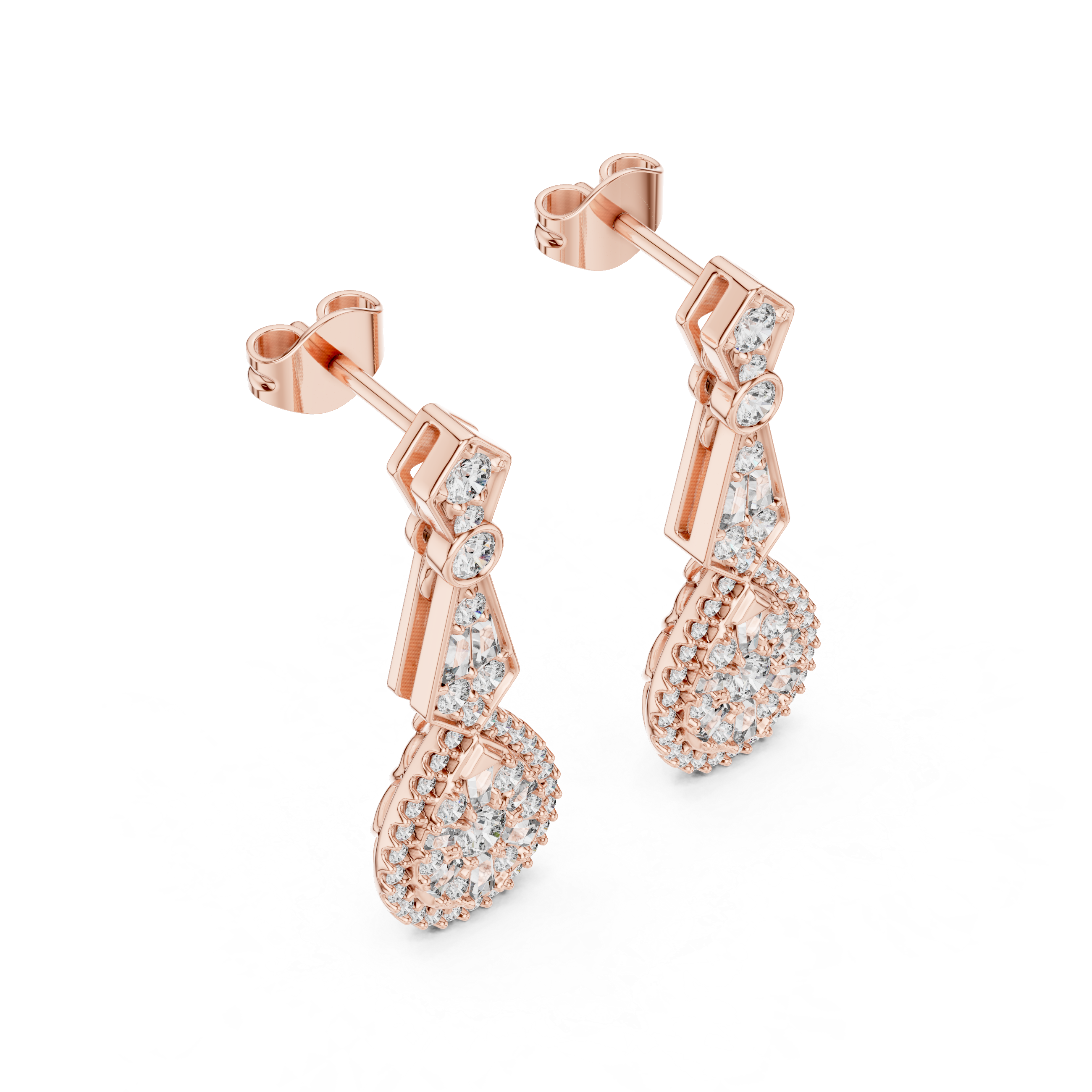 Round and Baguette Cut Diamond Halo Teardrop Drop Earrings with Pavé Accents