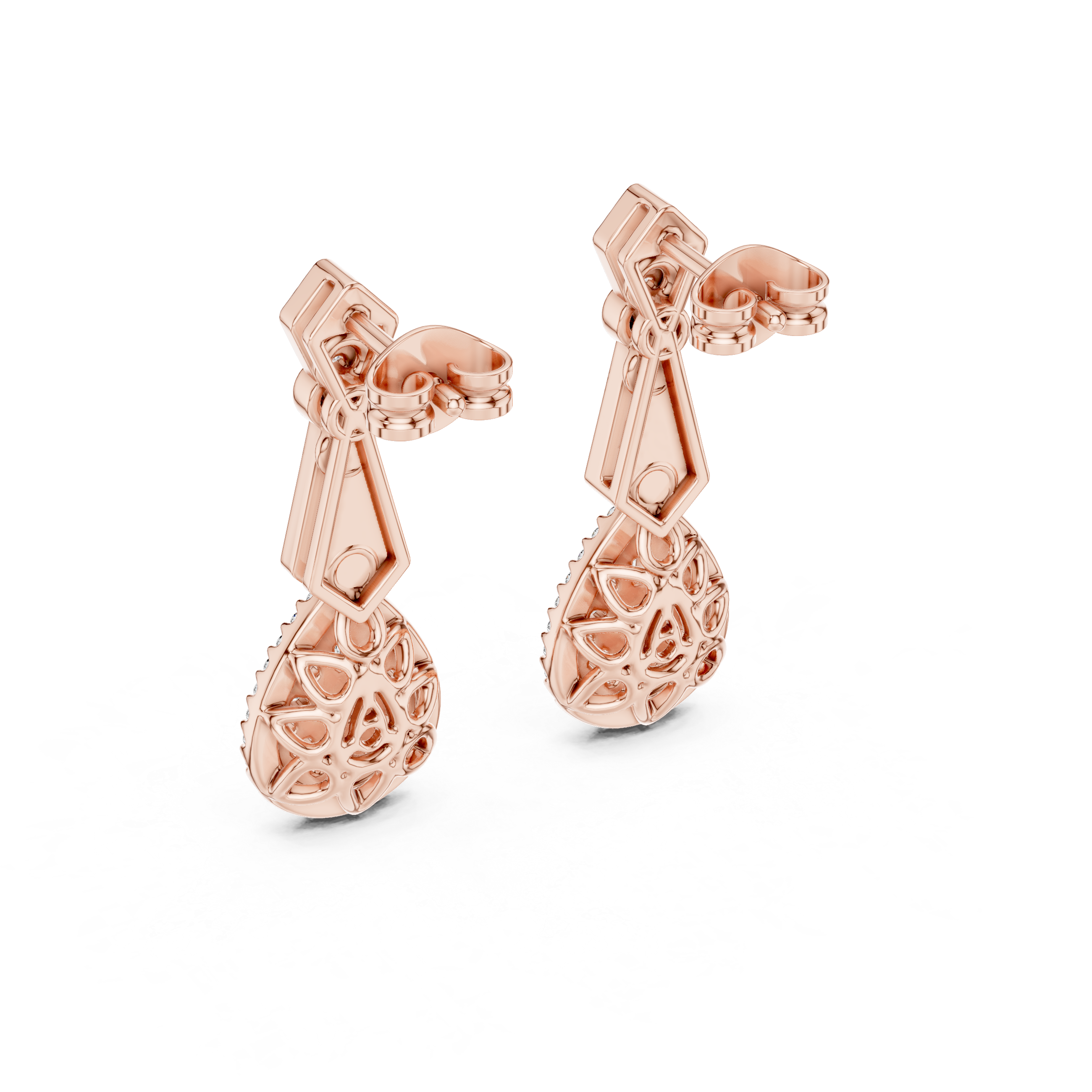 Round and Baguette Cut Diamond Halo Teardrop Drop Earrings with Pavé Accents