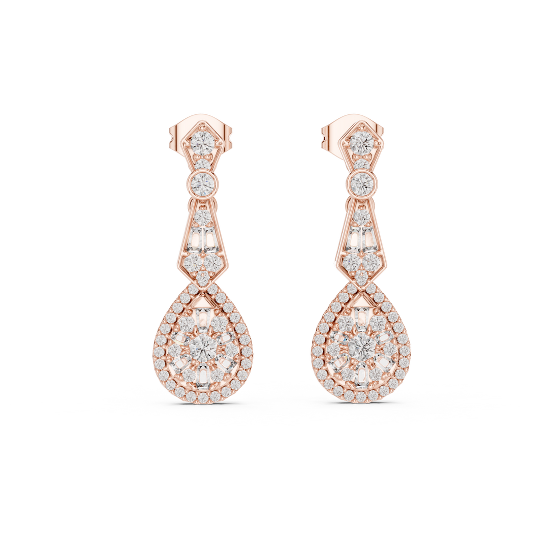 Round and Baguette Cut Diamond Halo Teardrop Drop Earrings with Pavé Accents