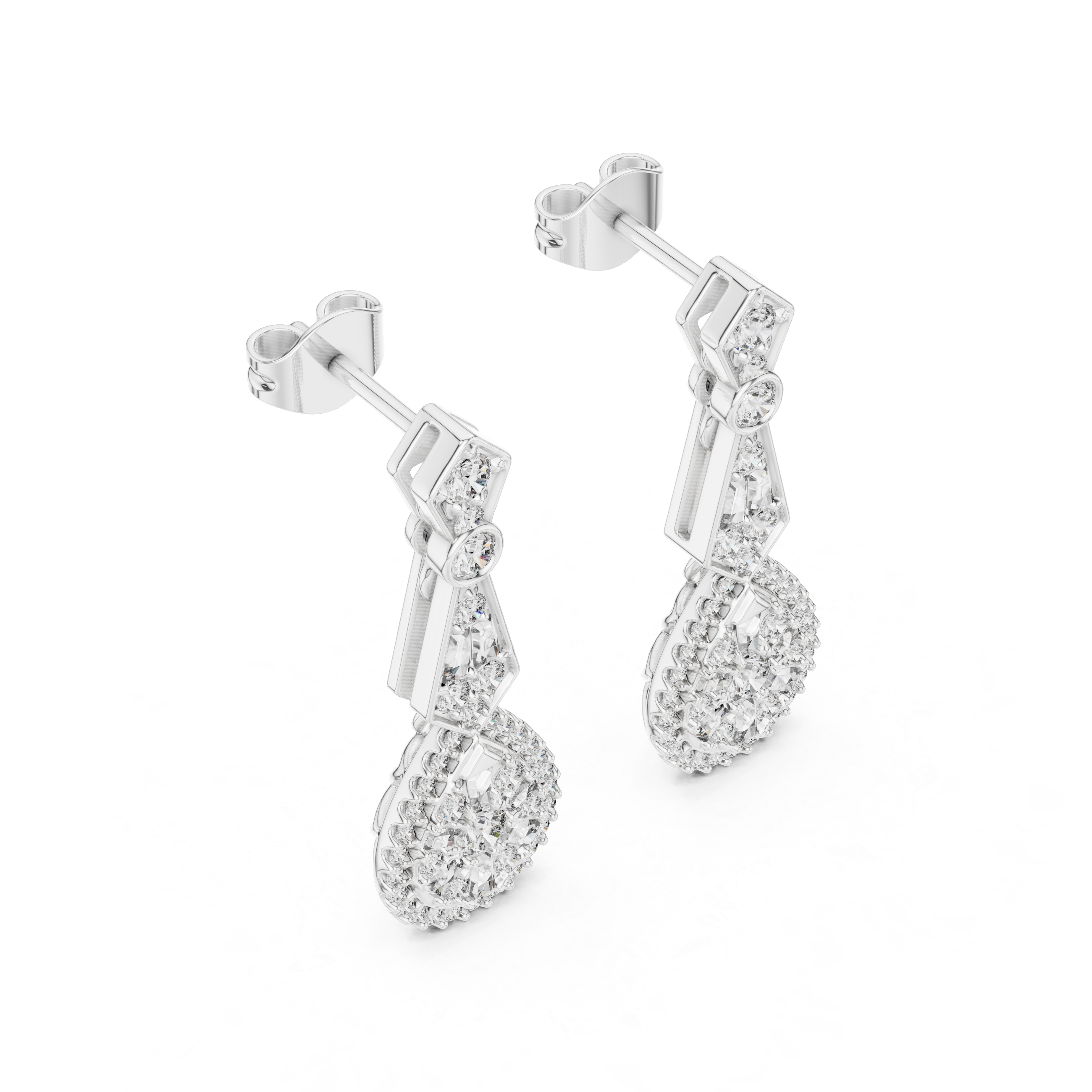 Round and Baguette Cut Diamond Halo Teardrop Drop Earrings with Pavé Accents