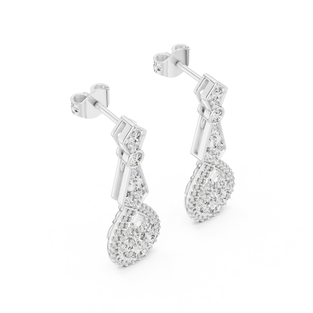 Round and Baguette Cut Diamond Halo Teardrop Drop Earrings with Pavé Accents