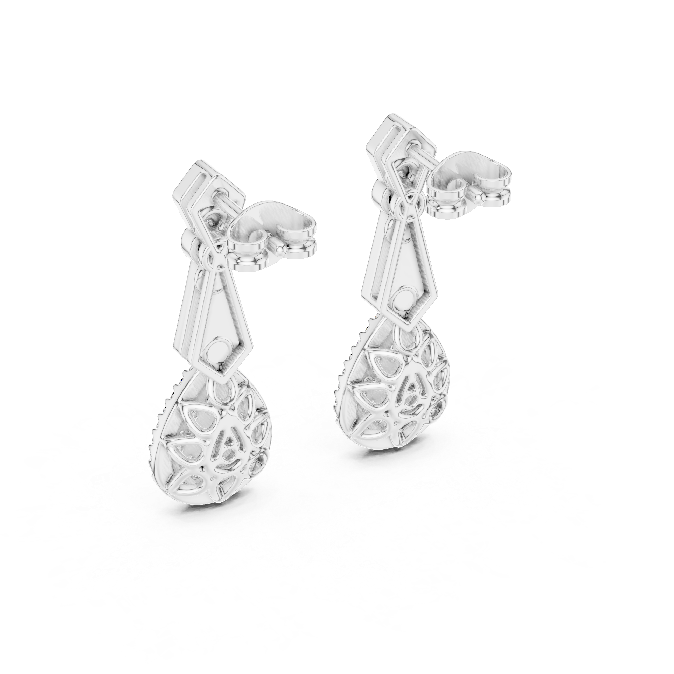 Round and Baguette Cut Diamond Halo Teardrop Drop Earrings with Pavé Accents