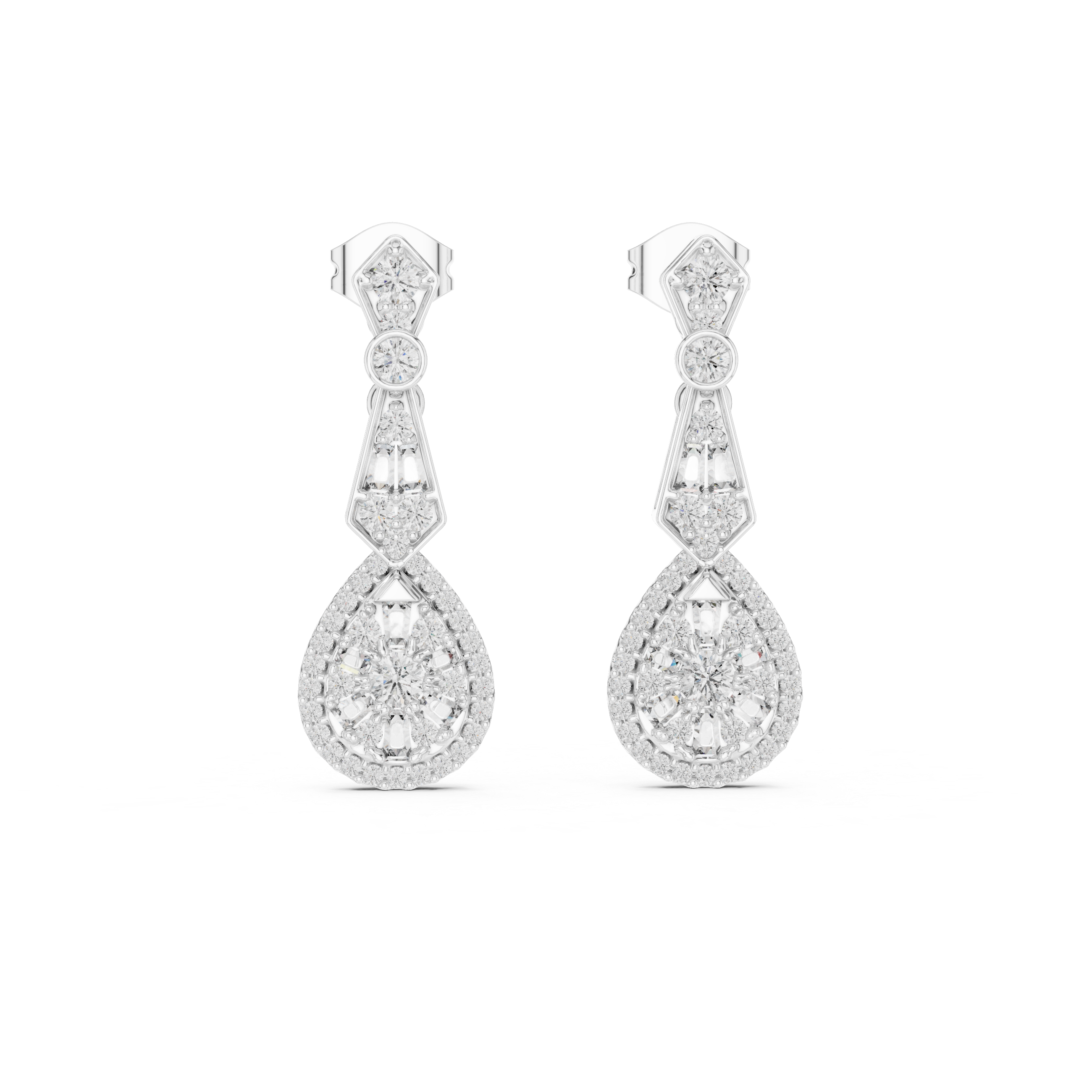 Round and Baguette Cut Diamond Halo Teardrop Drop Earrings with Pavé Accents