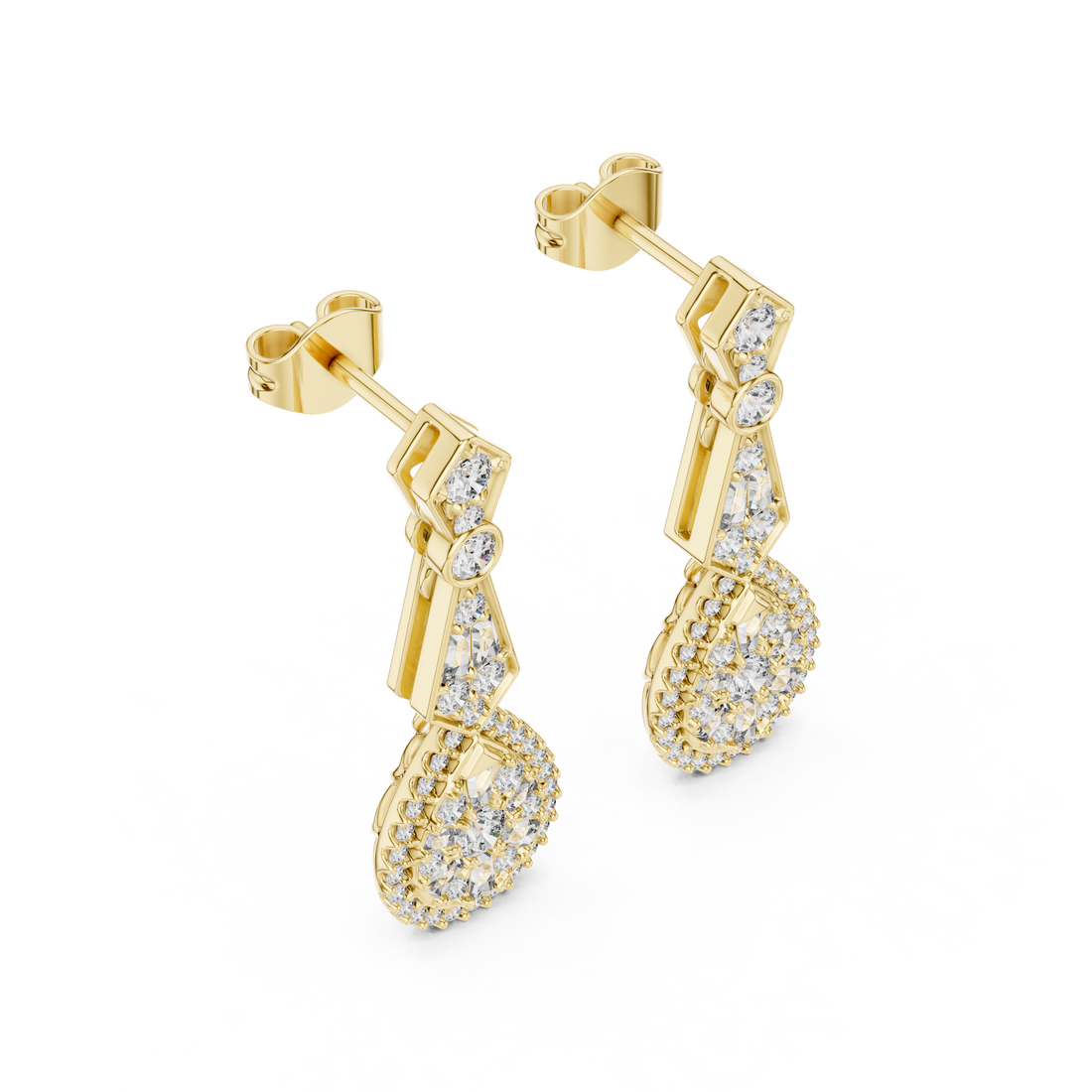 Round and Baguette Cut Diamond Halo Teardrop Drop Earrings with Pavé Accents