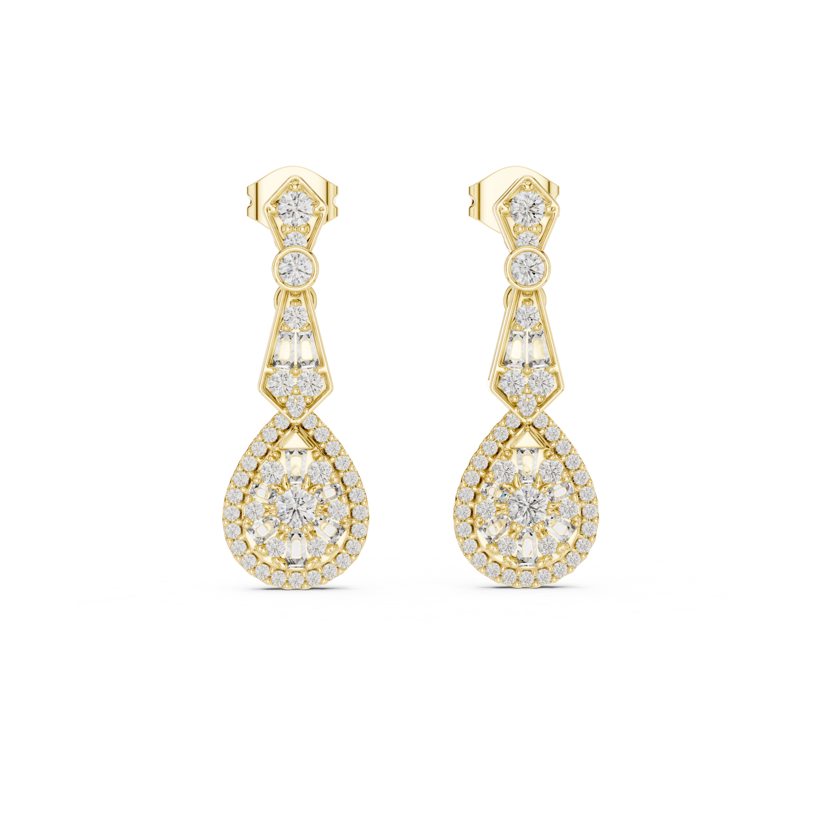 Round and Baguette Cut Diamond Halo Teardrop Drop Earrings with Pavé Accents