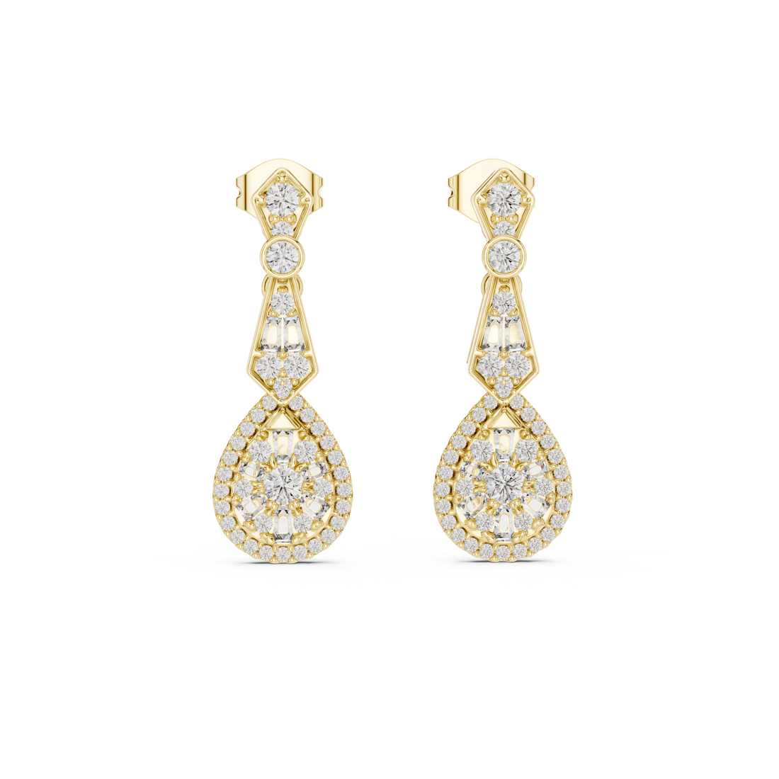 Round and Baguette Cut Diamond Halo Teardrop Drop Earrings with Pavé Accents