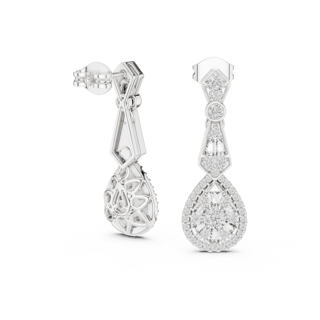 Round and Baguette Cut Diamond Halo Teardrop Drop Earrings with Pavé Accents